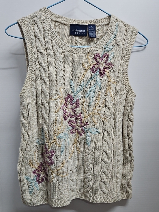 Liz Claiborne Sweaters - Liz Claiborne Cream Cable-Knit Sleeveless Sweater with Floral Embroidery Sz M